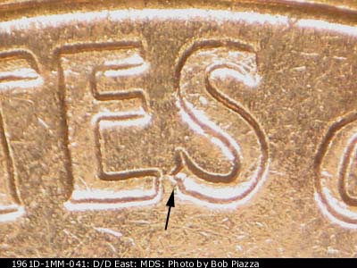 Die-stage B marker on 1961D•1MM•041 (1961 Repunched Mint Mark).