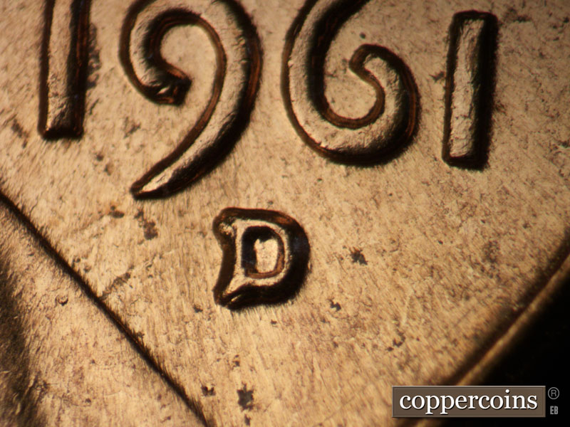 1961 Lincoln cent obverse, CopperCoins die 1961D•1MM•043.