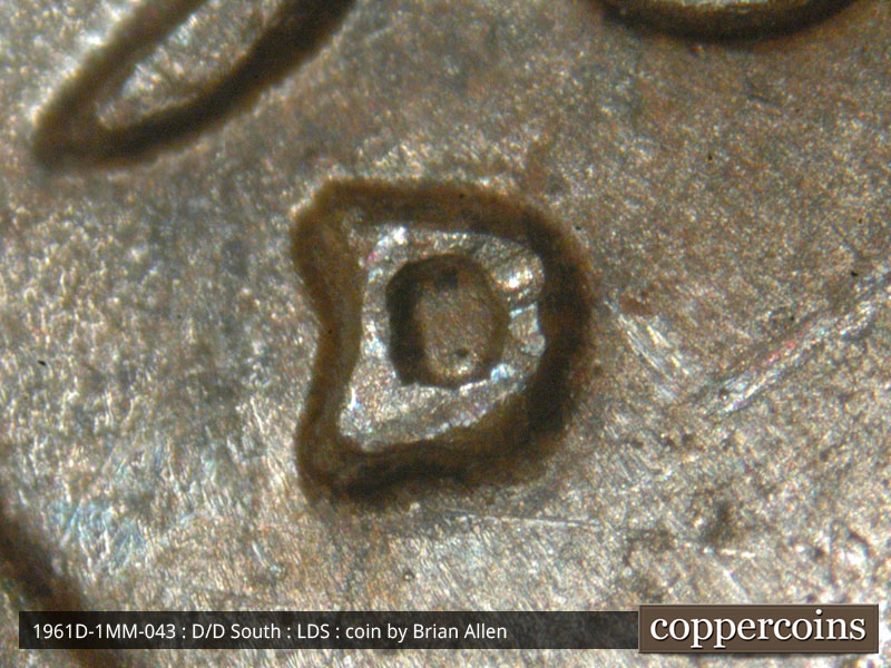 Die-stage C marker on 1961D•1MM•043 (1961 Repunched Mint Mark).