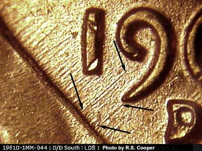 Die-stage C marker on 1961D•1MM•044 (1961 Repunched Mint Mark).