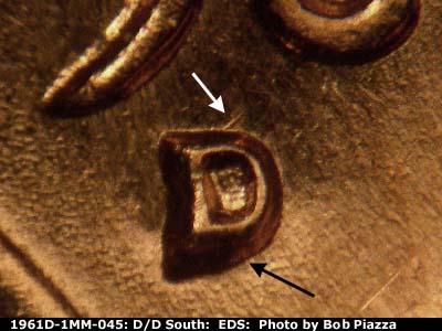 Die-stage A marker on 1961D•1MM•045 (1961 Repunched Mint Mark).