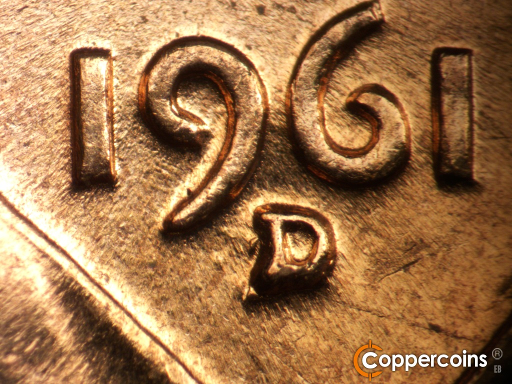 Die-stage C marker on 1961D•1MM•047 showing Closeup of repunched mint mark.