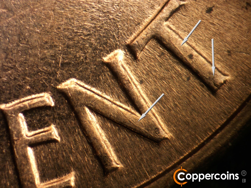 Die-stage C marker on 1961D•1MM•047 showing Die crack and chip on T in CENT. Die crack on N in CENT.