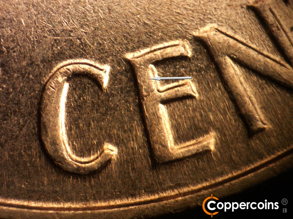 Die-stage C marker on 1961D•1MM•047 showing Die crack on E in CENT.