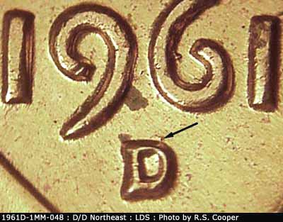 Die-stage B marker on 1961D•1MM•048 (1961 Repunched Mint Mark).