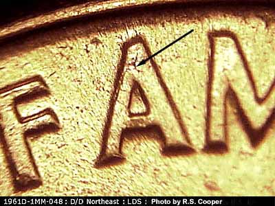 Die-stage B marker on 1961D•1MM•048 (1961 Repunched Mint Mark).