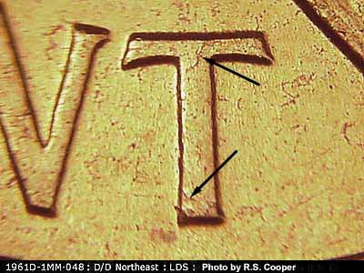 Die-stage B marker on 1961D•1MM•048 (1961 Repunched Mint Mark).