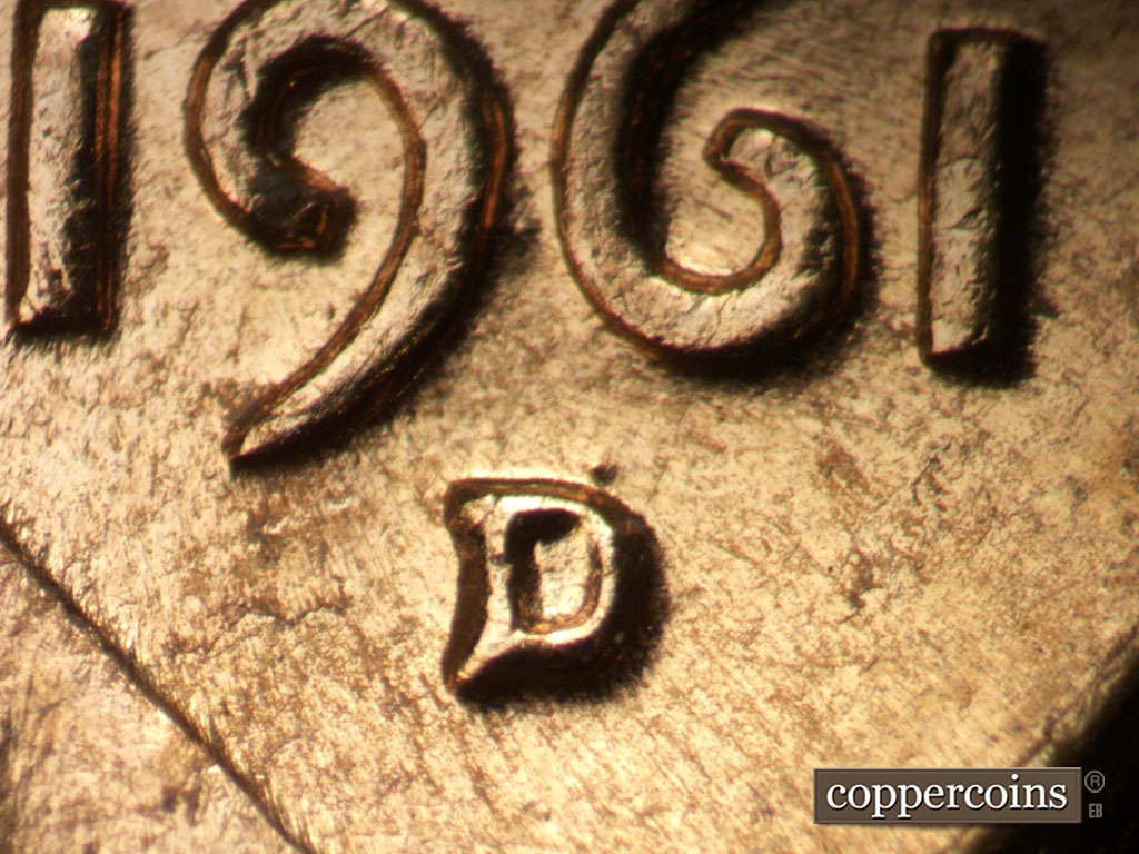Die-stage C marker on 1961D•1MM•048 showing Closeup of repunched mintmark.