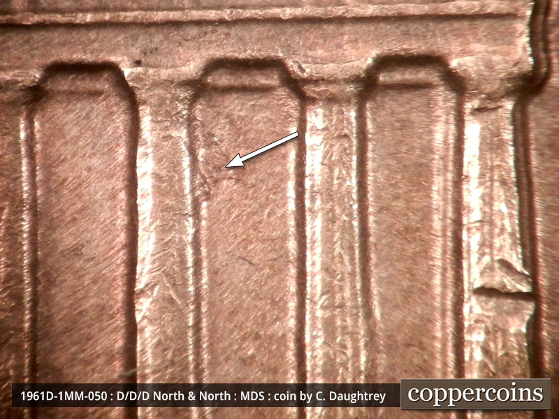 Die-stage B marker on 1961D•1MM•050 (1961 Repunched Mint Mark).