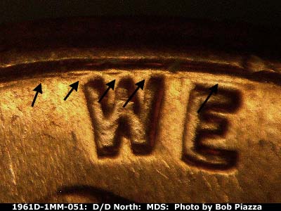 Die-stage B marker on 1961D•1MM•051 (1961 Repunched Mint Mark).