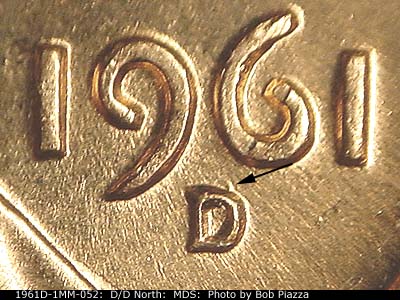 1961 Lincoln cent obverse, CopperCoins die 1961D•1MM•052.