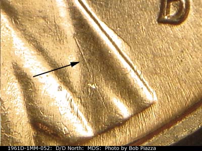Die-stage B marker on 1961D•1MM•052 (1961 Repunched Mint Mark).