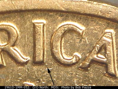 Die-stage B marker on 1961D•1MM•052 (1961 Repunched Mint Mark).