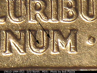 Die-stage B marker on 1961D•1MM•052 (1961 Repunched Mint Mark).