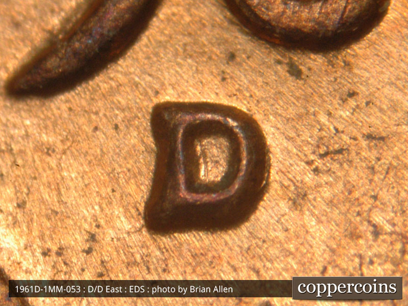 Die-stage A marker on 1961D•1MM•053 (1961 Repunched Mint Mark).