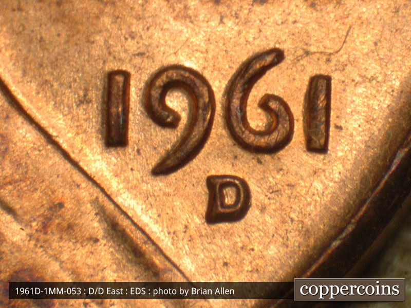 Die-stage A marker on 1961D•1MM•053 (1961 Repunched Mint Mark).
