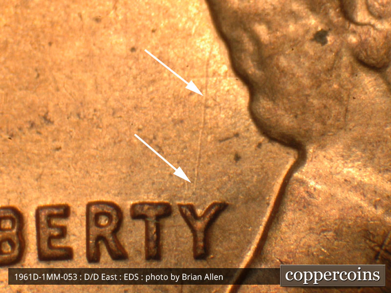 Die-stage A marker on 1961D•1MM•053 (1961 Repunched Mint Mark).
