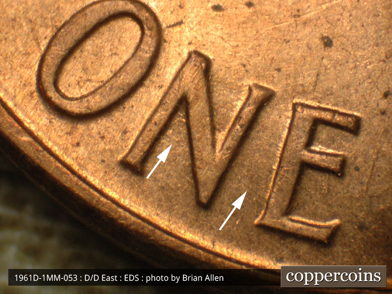 Die-stage A marker on 1961D•1MM•053 (1961 Repunched Mint Mark).