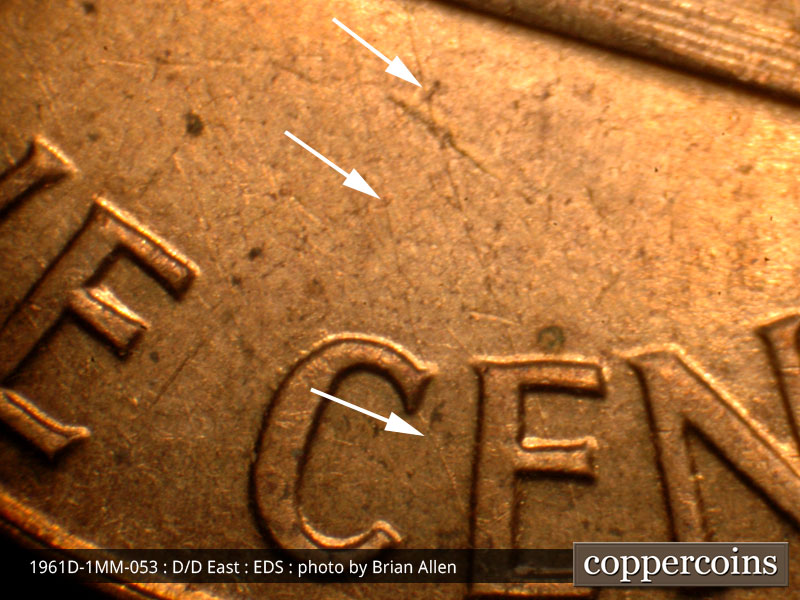 Die-stage A marker on 1961D•1MM•053 (1961 Repunched Mint Mark).