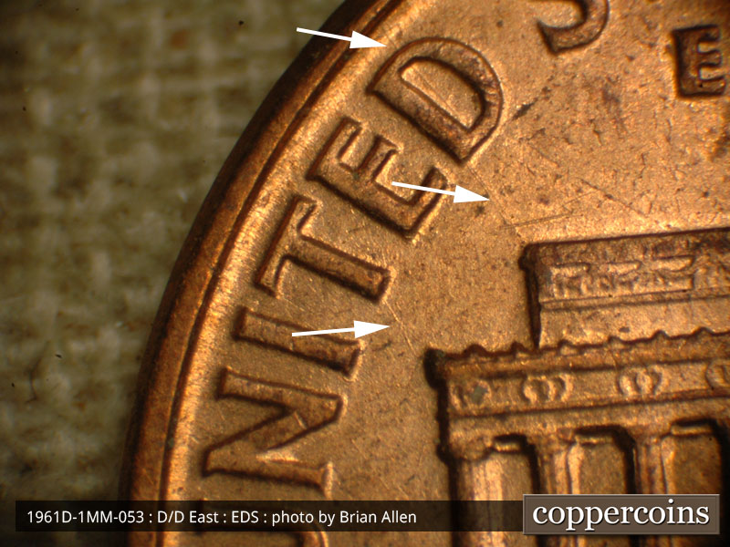 Die-stage A marker on 1961D•1MM•053 (1961 Repunched Mint Mark).