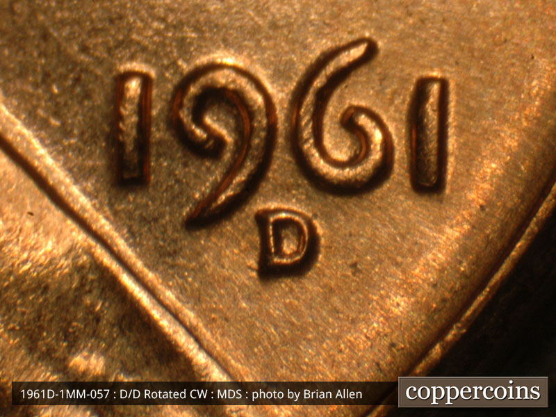 Die-stage B marker on 1961D•1MM•057 (1961 Repunched Mint Mark).