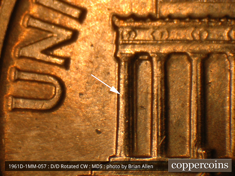 Die-stage B marker on 1961D•1MM•057 (1961 Repunched Mint Mark).