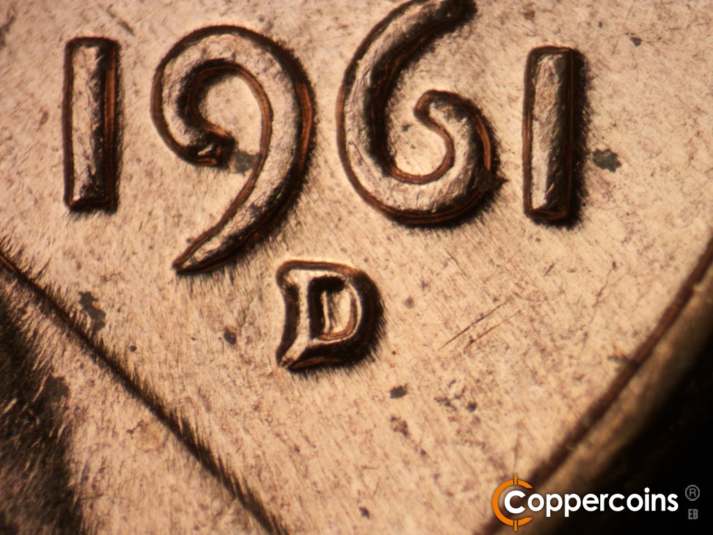 Die-stage C marker on 1961D•1MM•060 showing Closeup of repunched mint mark.