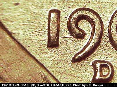 Die-stage B marker on 1961D•1MM•061 (1961 Repunched Mint Mark).