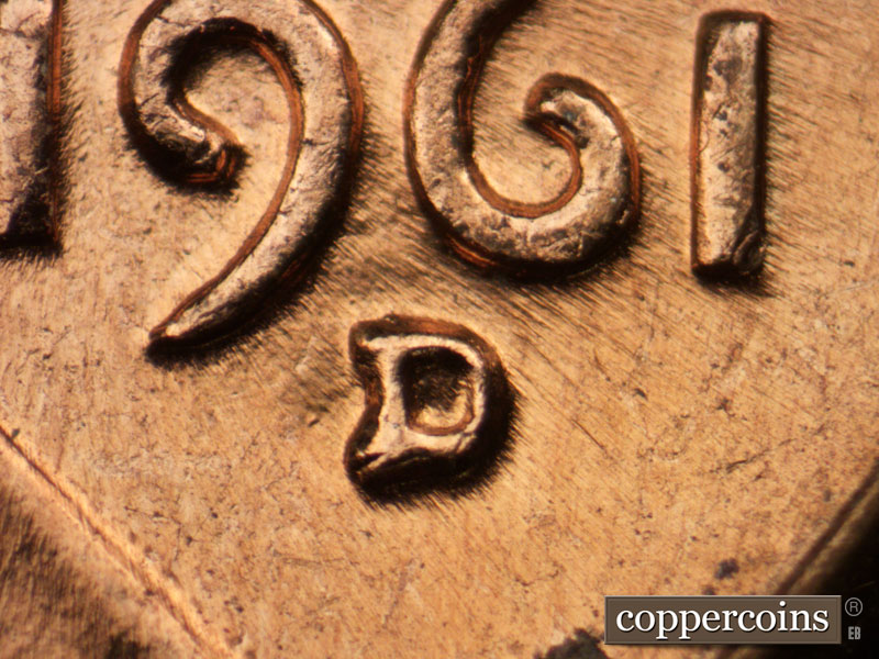 1961 Lincoln cent obverse, CopperCoins die 1961D•1MM•064.