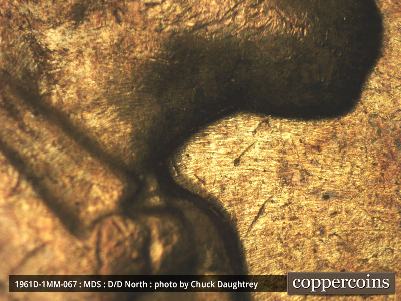 Die-stage B marker on 1961D•1MM•067 (1961 Repunched Mint Mark).