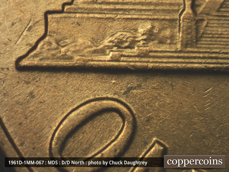 Die-stage B marker on 1961D•1MM•067 (1961 Repunched Mint Mark).