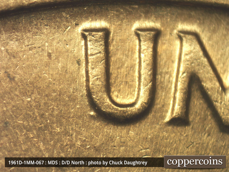 Die-stage B marker on 1961D•1MM•067 (1961 Repunched Mint Mark).