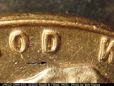 Die-stage B marker on 1961D•1MM•071 (1961 Repunched Mint Mark).