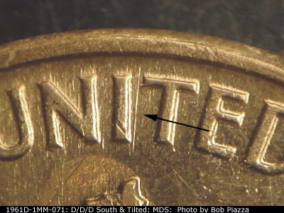 Die-stage B marker on 1961D•1MM•071 (1961 Repunched Mint Mark).