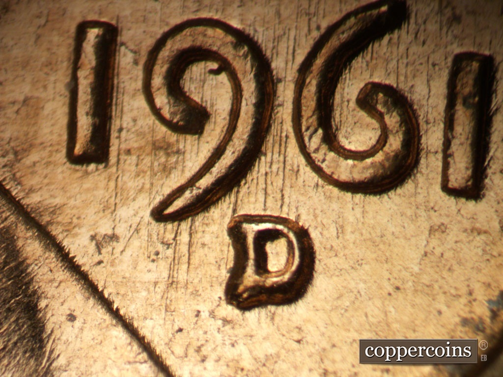 Die-stage B marker on 1961D•1MM•072 showing Closeup of repunched mintmark.