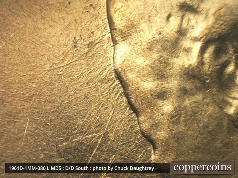 Die-stage B marker on 1961D•1MM•086 (1961 Repunched Mint Mark).