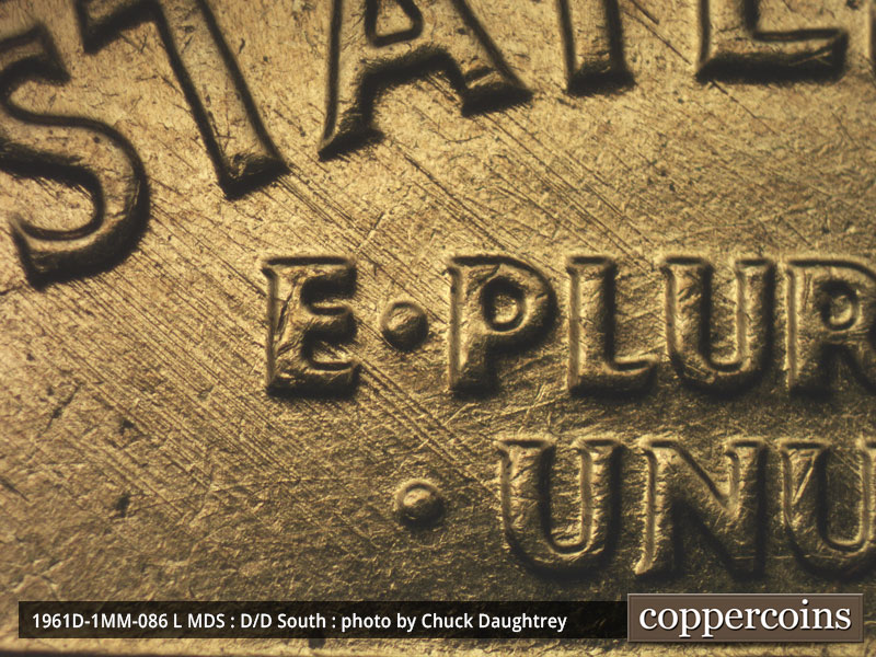 Die-stage B marker on 1961D•1MM•086 (1961 Repunched Mint Mark).