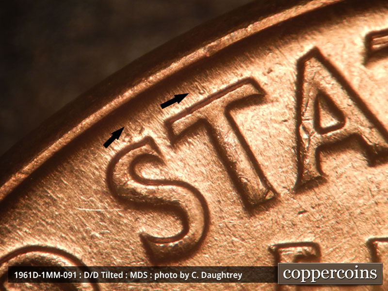 Die-stage B marker on 1961D•1MM•091 (1961 Repunched Mint Mark).