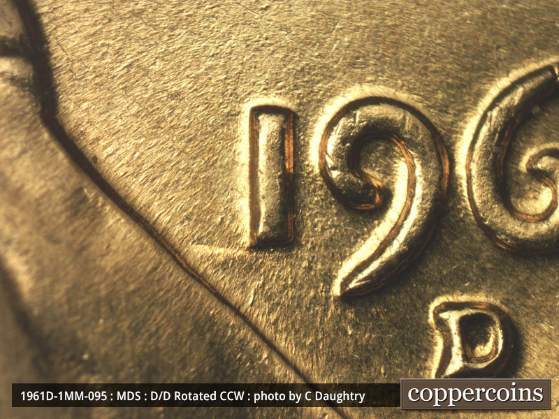 Die-stage B marker on 1961D•1MM•095 (1961 Repunched Mint Mark).