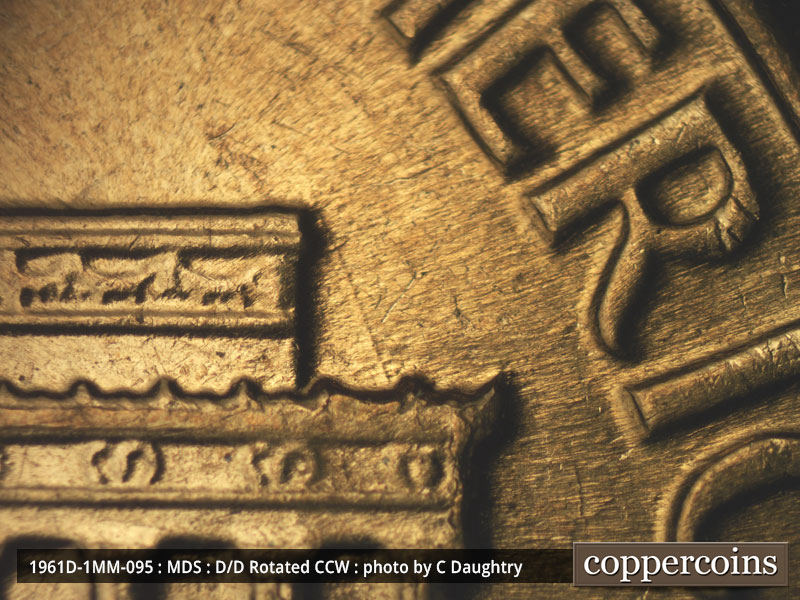 Die-stage B marker on 1961D•1MM•095 (1961 Repunched Mint Mark).