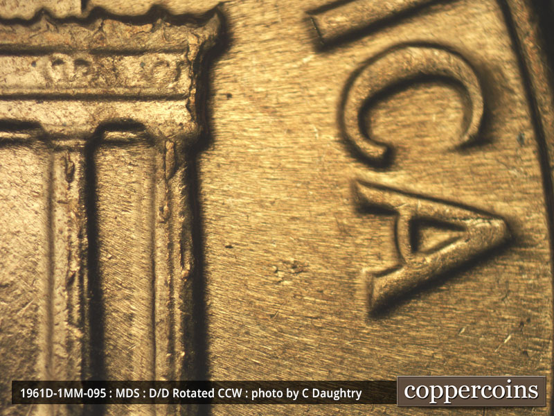 Die-stage B marker on 1961D•1MM•095 (1961 Repunched Mint Mark).