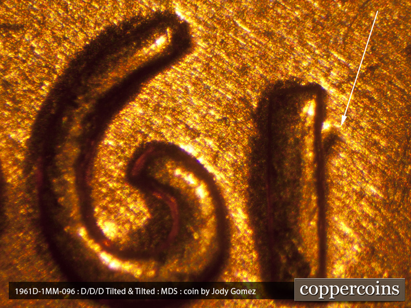 Die-stage B marker on 1961D•1MM•096 (1961 Repunched Mint Mark).