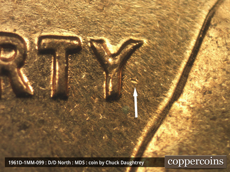 Die-stage B marker on 1961D•1MM•099 (1961 Repunched Mint Mark).
