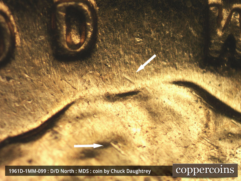 Die-stage B marker on 1961D•1MM•099 (1961 Repunched Mint Mark).