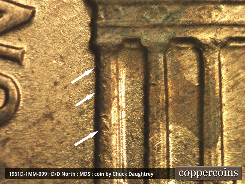 Die-stage B marker on 1961D•1MM•099 (1961 Repunched Mint Mark).