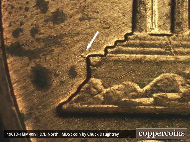 Die-stage B marker on 1961D•1MM•099 (1961 Repunched Mint Mark).