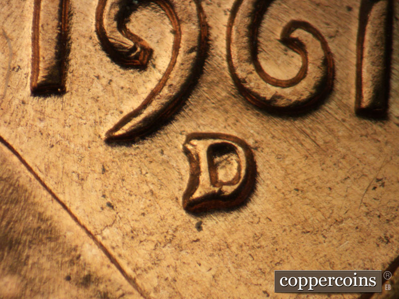 1961 Lincoln cent obverse, CopperCoins die 1961D•1MM•101.