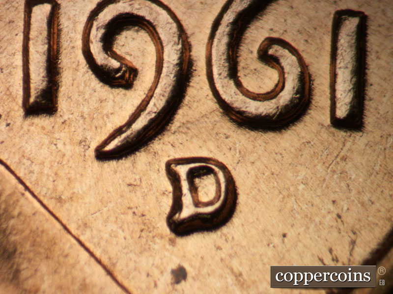 1961 Lincoln cent obverse, CopperCoins die 1961D•1MM•102.