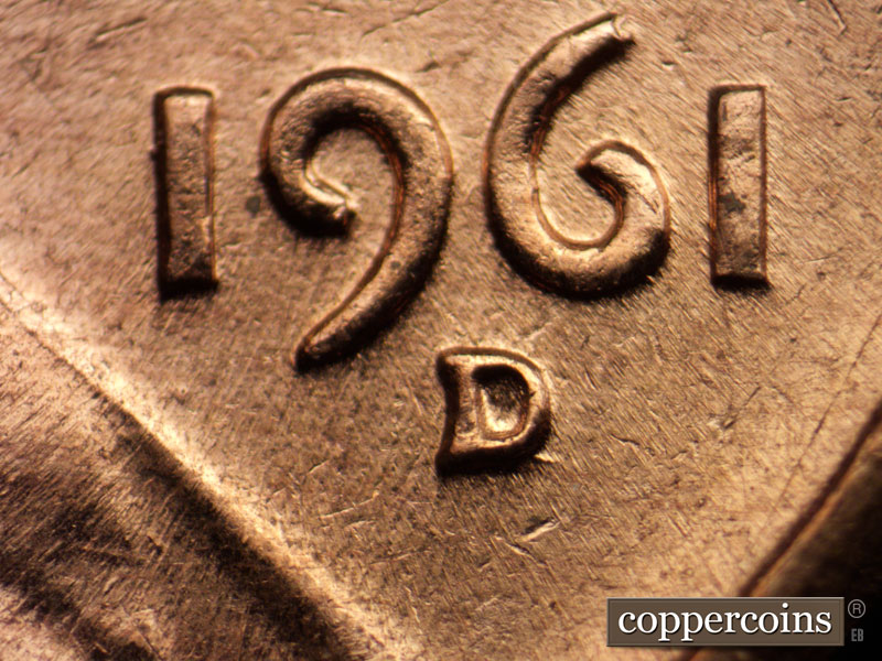 1961 Lincoln cent obverse, CopperCoins die 1961D•1MM•105.
