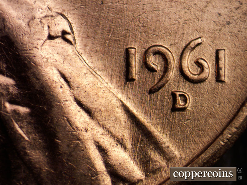 Die-stage B marker on 1961D•1MM•105 (1961 Repunched Mint Mark).